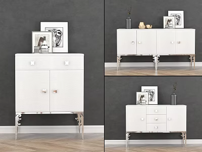 Modern White Entryway Console Cabinet With Metal Legs And Framed Art Vase Decor 3d model