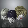 Three Character Head Models With Diverse Hairstyles And Hair Color Designs