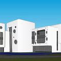 Modern White School Building With Geometric Shapes Circular Windows And Blue Green Ground