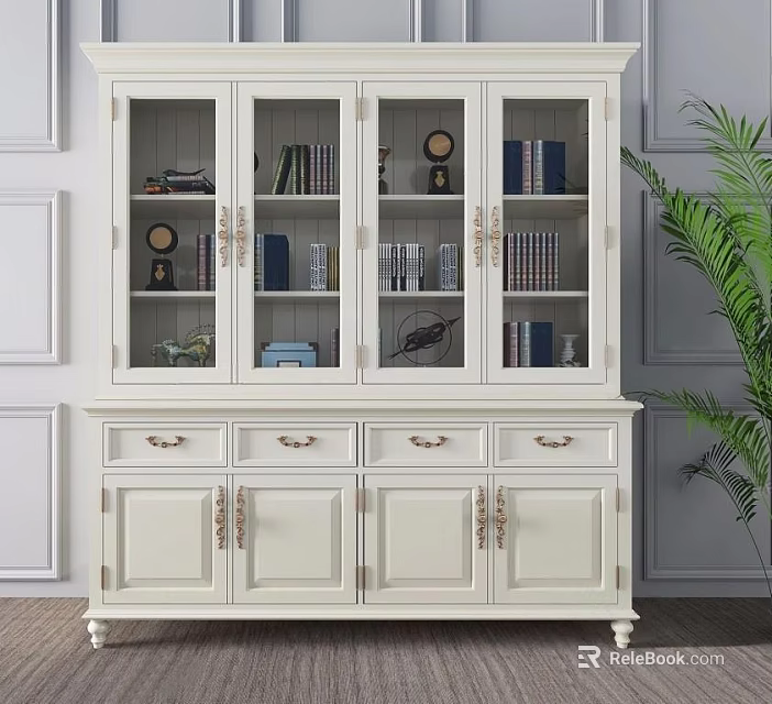 White Glass Door Bookcase With Drawers Cabinets Books And Decorative Items Beside Green Plant 3d model 