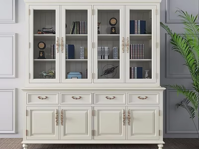 White Glass Door Bookcase With Drawers Cabinets Books And Decorative Items Beside Green Plant 3d model