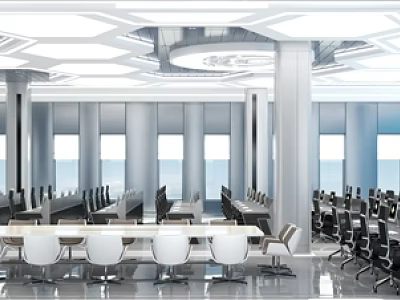 Modern Monitoring Room Interior Setup With Workstations Computer Monitors Office Chairs And Large Display Wall 3d model