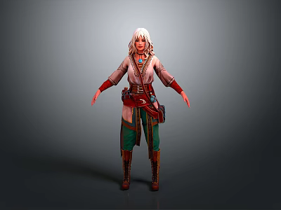 Woman With White Long Hair In Red Green Outfit And Belt Accessories Standing 3d model