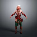Woman With White Long Hair In Red Green Outfit And Belt Accessories Standing