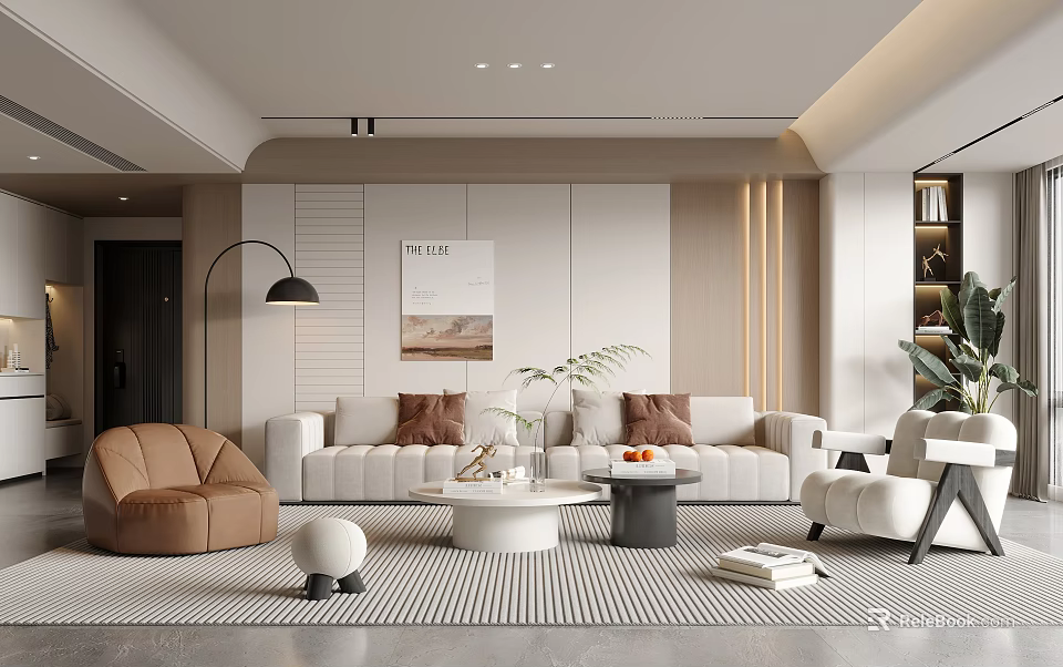 Modern Living Room Interior With White Sofa Brown Armchair Round Coffee Table And Striped Rug 3d model 