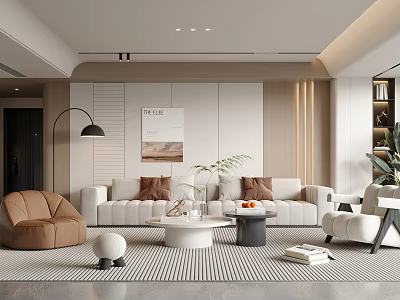 Modern Living Room Interior With White Sofa Brown Armchair Round Coffee Table And Striped Rug 3d model