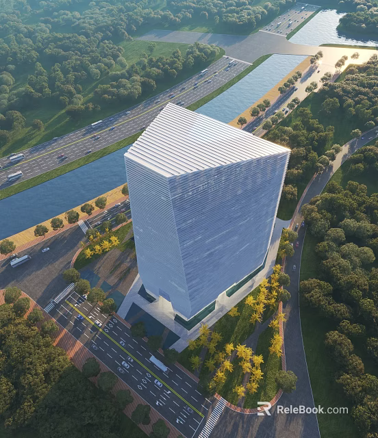 Aerial Planning of Modern Tall Building in Urban Landscape with River Roads and Greenery 3d model 