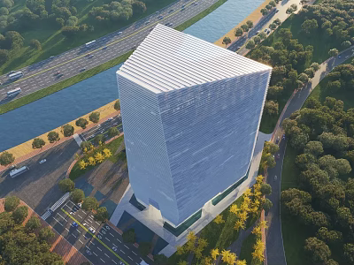 Aerial Planning of Modern Tall Building in Urban Landscape with River Roads and Greenery 3d model