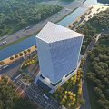 Aerial Planning of Modern Tall Building in Urban Landscape with River Roads and Greenery