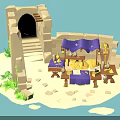 Ancient Ruin Camp With Stone Walls Cave Entrance Purple Tent Gold Coins And Scrolls