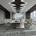 Modern Conference Room Interior with Long Table Ergonomic Chairs Wave Lighting Large Screen and Windows