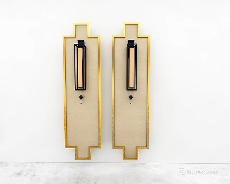 Two Modern Wall Sconces Featuring Gold Frame Beige Backplate and Black Details on White Wall 3d model 