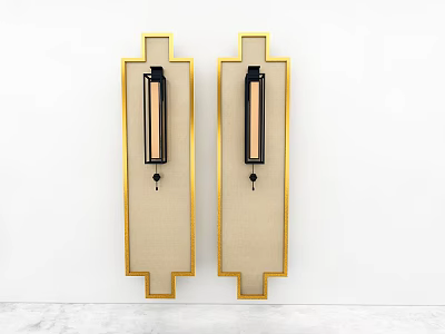 Two Modern Wall Sconces Featuring Gold Frame Beige Backplate and Black Details on White Wall 3d model