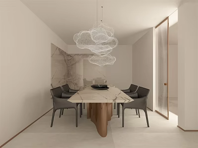 Modern Restaurant Interior With Marble Dining Table Gray Chairs And Cloud Like Pendant Lights 3d model