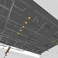 Industrial Ceiling Design With Metal Frames Hanging Orange Lights And Exposed Pipes
