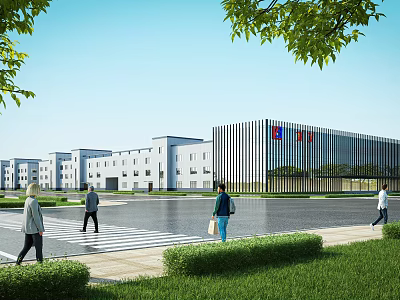 Modern Industrial Factory Exterior With Contemporary Design Glass Structure Greenery And Workers Walking 3d model