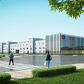 Modern Industrial Factory Exterior With Contemporary Design Glass Structure Greenery And Workers Walking