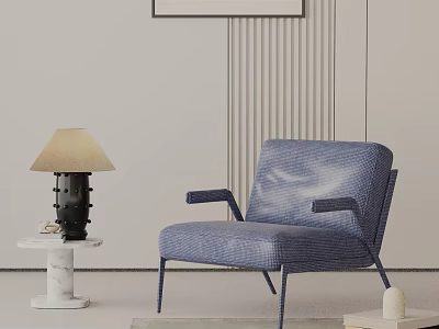 Blue Woven Accent Chair In Modern Living Room With Marble Side Table And Table Lamp 3d model