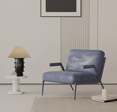 Blue Woven Accent Chair In Modern Living Room With Marble Side Table And Table Lamp 3d model