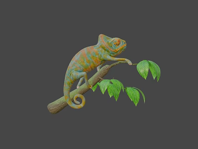 Vibrant Colorful Chameleon Game Movie Character on Branch with Green Leaves 3d model