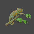 Vibrant Colorful Chameleon Game Movie Character on Branch with Green Leaves