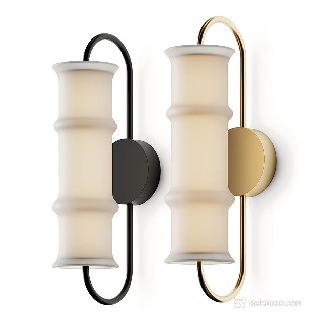 Bamboo Shaped Wall Lamps With White Frosted Glass Shade And Black Gold Brackets 3d model 