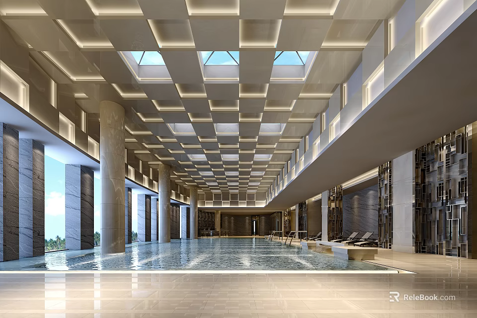 Modern Indoor Swimming Pool With Square Ceiling Grid Skylights Spacious Interior And Lounge Chairs 3d model 