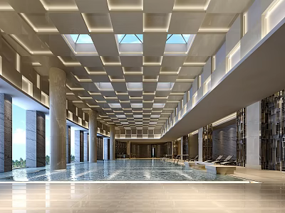 Modern Indoor Swimming Pool With Square Ceiling Grid Skylights Spacious Interior And Lounge Chairs 3d model