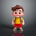 Cartoon Style Man With Brown Hair Wearing Yellow Tshirt Red Shorts Against Gray Background Reflection