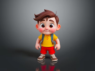 Cartoon Style Man With Brown Hair Wearing Yellow Tshirt Red Shorts Against Gray Background Reflection 3d model