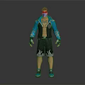 Masked 3D Character With Blue Jacket Black Patterned Shorts Wrist Guards And Blue Shoes