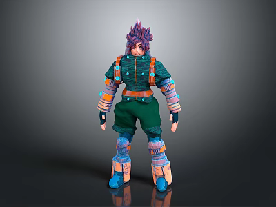 Game and Movie Character With Purple Hair Green Outfit Armor Orange and Blue Accents 3d model