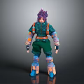 Game and Movie Character With Purple Hair Green Outfit Armor Orange and Blue Accents