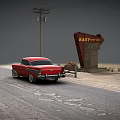 Modern Scene Featuring Red Vintage Car Near Easy Street Inn Sign On Sandy Road