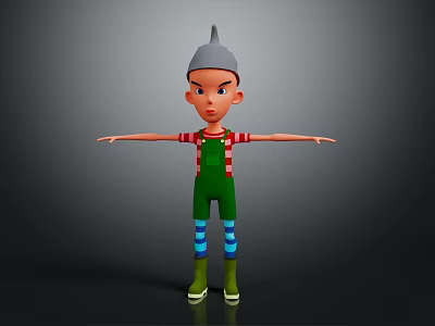 Cartoon Character With Gray Pointed Hat Red Striped Shirt Green Overalls And Arms Outstretched 3d model