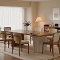 Modern Dining Room With Wooden Table Six Chairs Flower Vase Green Plant Floor Lamp And Magazine