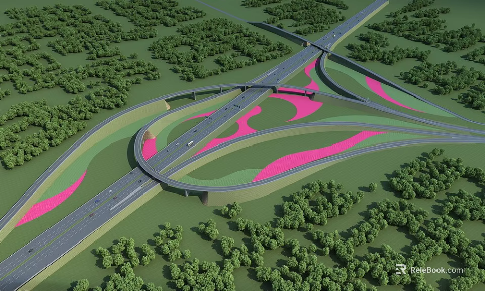 Modern Road Infrastructure Featuring Highway Interchange Green Belts And Traffic Lanes 3d model 