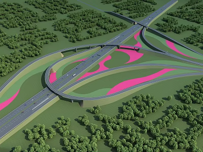 Modern Road Infrastructure Featuring Highway Interchange Green Belts And Traffic Lanes 3d model