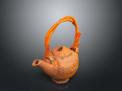 Handcrafted Teapot With Orange Woven Handle And Textured Brown Body 3d model