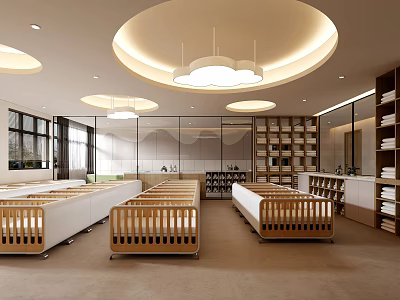 Modern Public Office Space With Circular Ceiling Lights Large Windows Wooden Workstations And Bookshelves 3d model