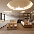 Modern Public Office Space With Circular Ceiling Lights Large Windows Wooden Workstations And Bookshelves