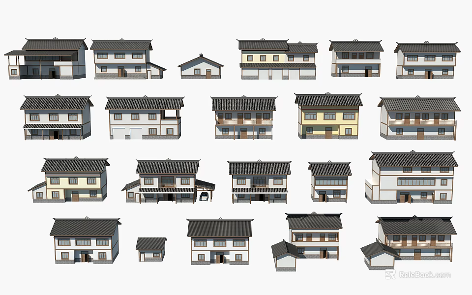 Traditional Chinese Architecture House Models with Diverse Roof Styles and Structures 3d model 