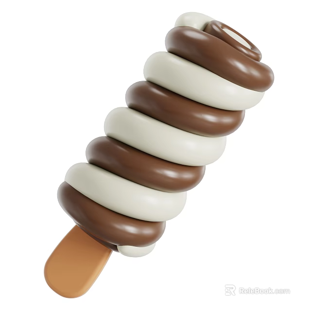 Spiral Ice Cream Bar With Chocolate And Vanilla Swirls On Wooden Stick 3d model 