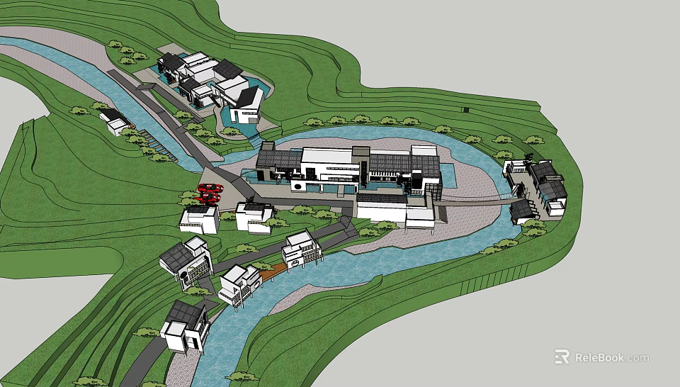 Traditional Modern Hotel Building with River Greenery and Surrounding Structures 3d model