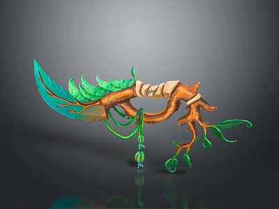 Natural Themed Weapon with Green Leaf Blade Wooden Handle Vines and Roots Decorative Design 3d model