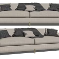 Two Seater Beige Sofa Upholstered with Plaid Neutral Cushions and Metal Legs Modern Design
