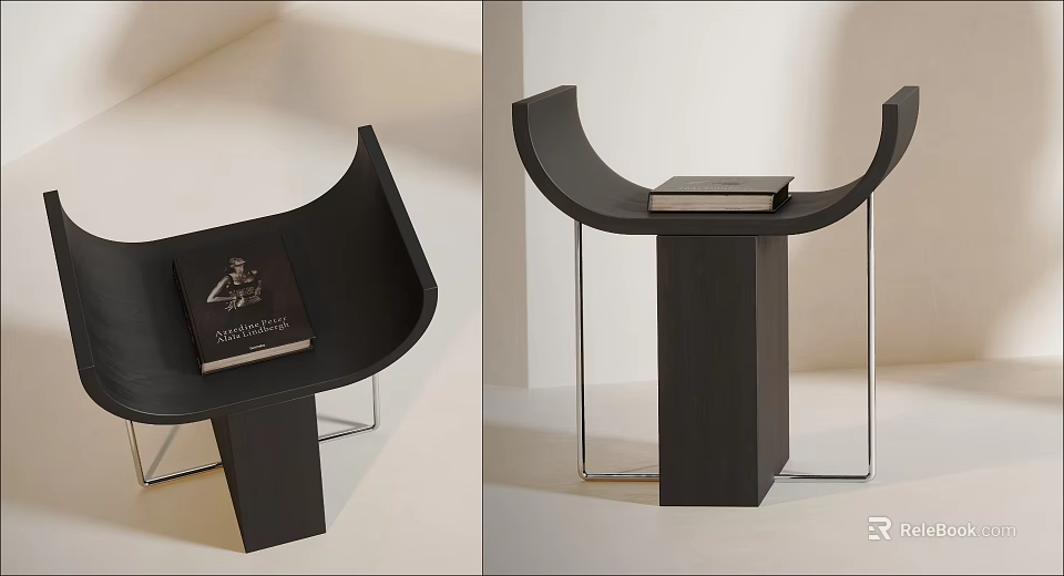 Modern Minimalist Black Curved Stool with Metal Frame and Books on Top 3d model 