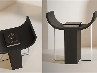 Modern Minimalist Black Curved Stool with Metal Frame and Books on Top 3d model