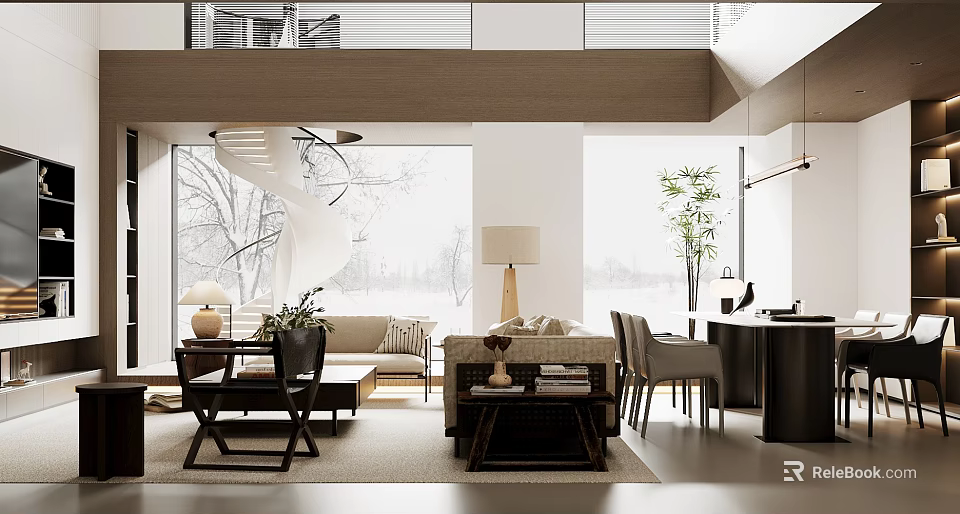 Bright Modern Open Plan Living And Dining Room With Cozy Furniture And Full View Windows 3d model 
