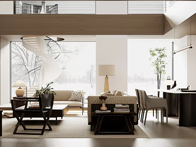 Bright Modern Open Plan Living And Dining Room With Cozy Furniture And Full View Windows 3d model